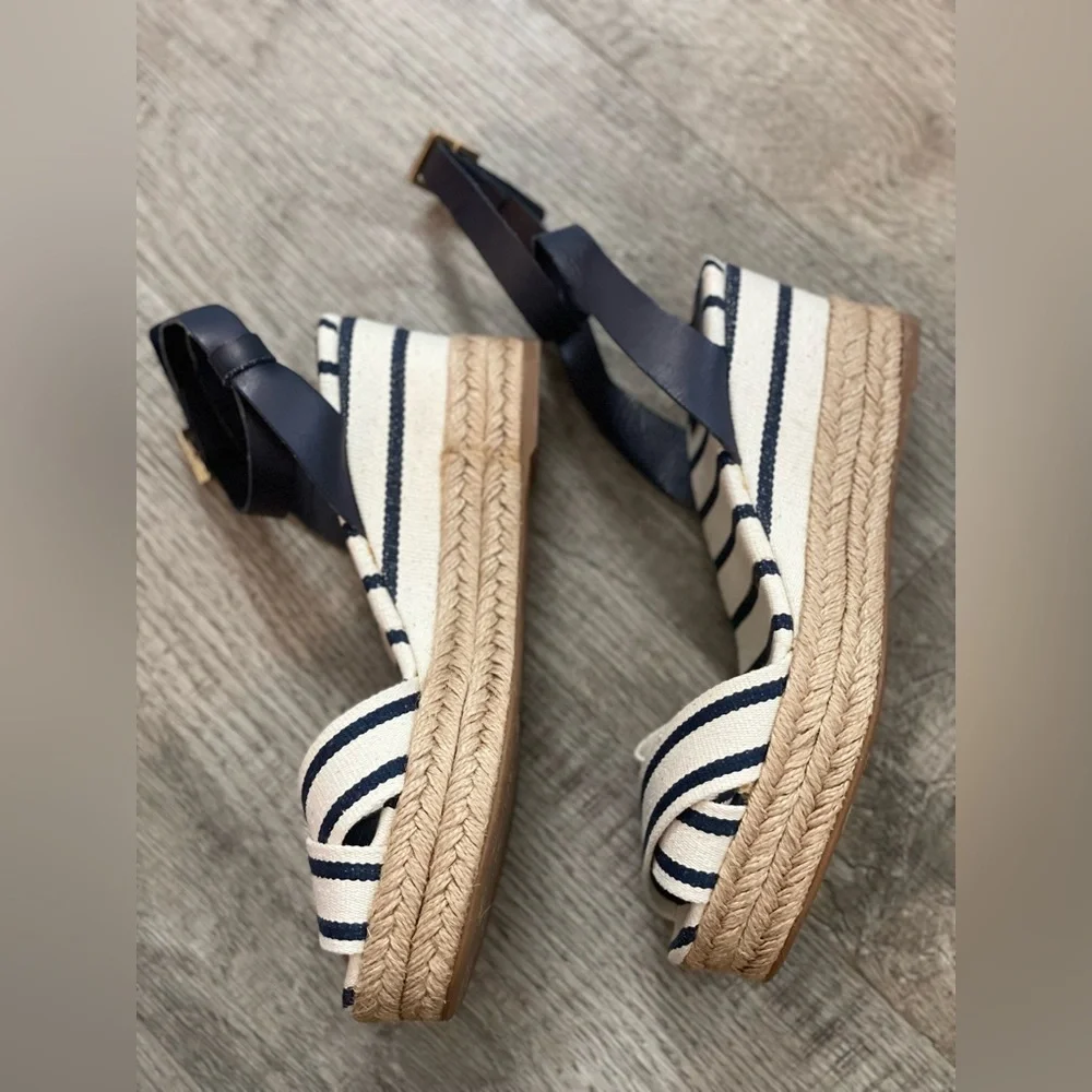 Tory Burch Navy and White Striped Espadrille Wedge Sandals